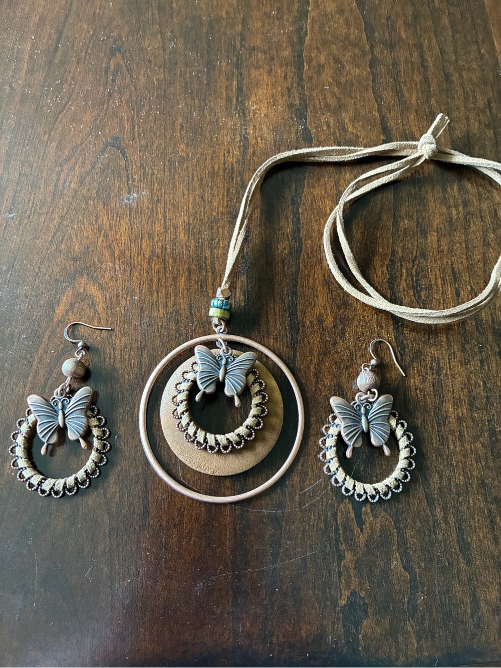 Boho Butterfly Pendant Necklace and Earring Set - Brown. Necklace disc butterfly